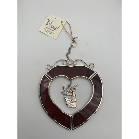 Vintage Viva Heart Cranberry/ Red Stained Glass and Pewter Suncatcher With Angel - Picture 4 of 8